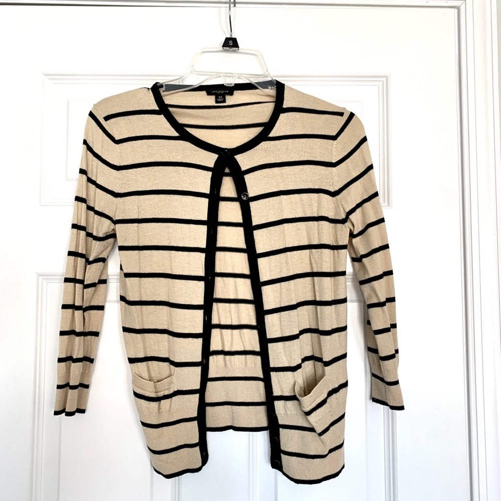 Ann Taylor Button Down Striped Cardigan- Black/Tan